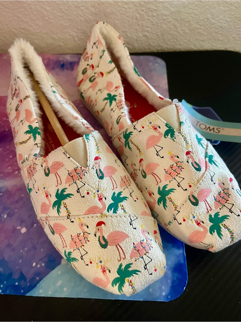 Toms White Canvas Slip-On Flats with Pink Flamingo Print